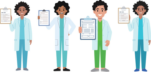 Smiling doctor holding medical report clipboard illustration, professional healthcare worker cartoon character wearing blue scrubs and white coat isolated vector