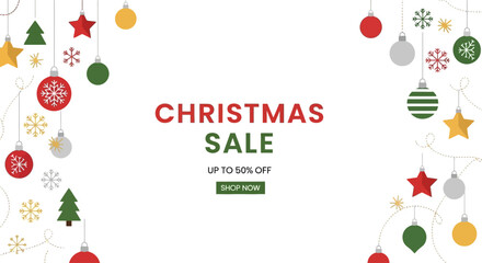 Festive Flat Christmas Ornaments on White Background Highlighting SALE Banner