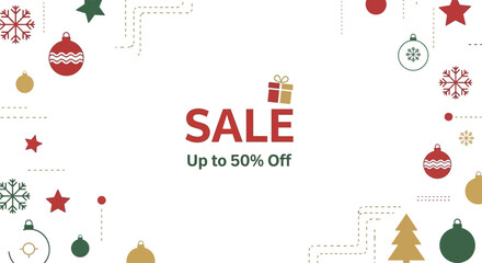 Minimalist Christmas Flat Lay: Ornaments Border on White with SALE Headline