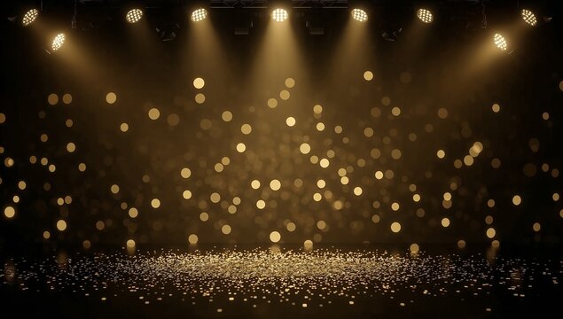 Luxurious stage with gold spotlights and glitter glow