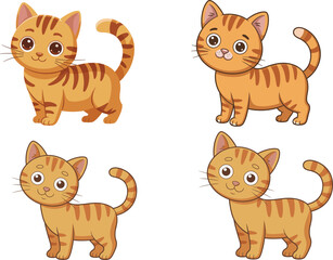 Cute orange tabby cat cartoon illustration, adorable kitten with big eyes and stripes standing happily isolated on white background vector