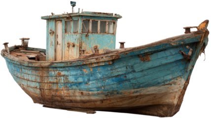 Small rusty and blue fishing boat showing aged nautical charm and vintage seaside vessel on white background