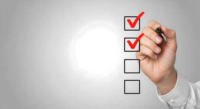 Professional hand marking completed tasks on a checklist with red pen, signifying progress and achievement in business planning