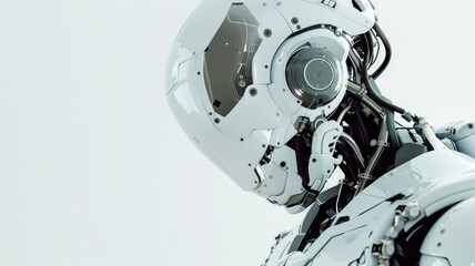 Fototapeta premium Close-up of futuristic humanoid robot with mechanical details and smooth white surface, symbol of artificial intelligence, innovation, and modern technology concept