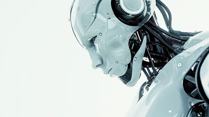 Close-up of futuristic humanoid robot with mechanical details and smooth white surface, symbol of artificial intelligence, innovation, and modern technology concept