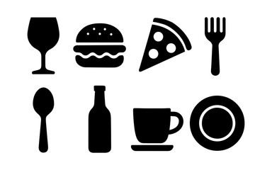 Bold silhouette icons of popular food and drink items in black and white