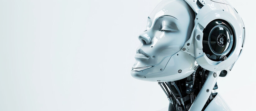 Close-up of futuristic humanoid robot with mechanical details and smooth white surface, symbol of artificial intelligence, innovation, and modern technology concept