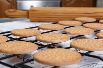 Golden homemade cookies cooling on wire rack in cozy kitchen.