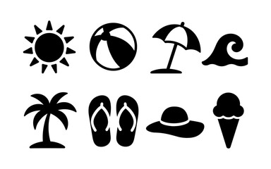 Fototapeta premium Summer icons set: beach gear and symbols in bold black silhouette style