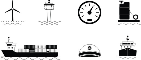 Collection of nautical and industrial icons including ship and wind turbine offshore