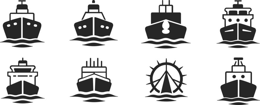 Collection of eight black ship icons on white background boat vessel