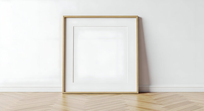 Minimalist wooden framed empty picture frame leaning against a clean white wall on a light wood floor, ready for your artwork display