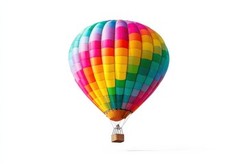 Fototapeta premium A vibrant hot air balloon with colorful patterns floats against a bright white background, symbolizing adventure and freedom.