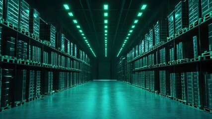 Modern warehouse filled with pallets and boxes, glowing teal light - Powered by Adobe