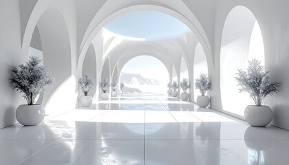 Bright corridor with arched openings leads to a snowy landscape.