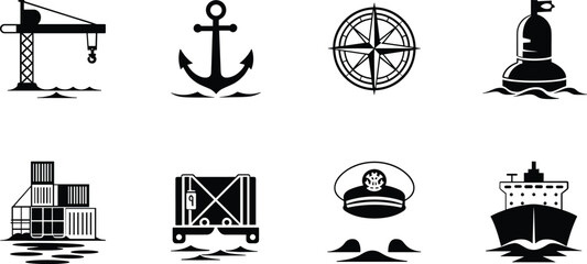 Nautical and industrial icons crane anchor compass buoy shipping containers captain hat ship