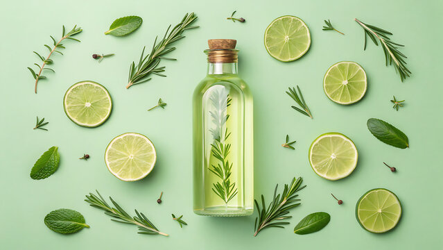 Refreshing botanical infused gin bottle surrounded by fresh lime slices and aromatic herbs on a pastel green background