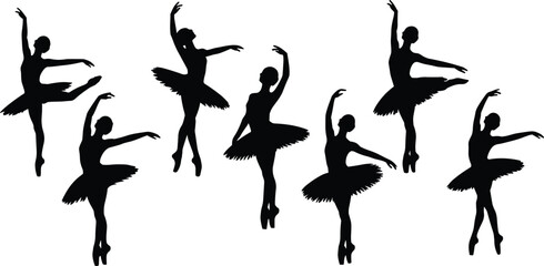Seven black silhouettes of ballerinas in various ballet poses dancer dance