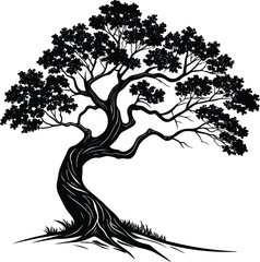 Artistic Gnarled Black Tree Silhouette with Detailed Foliage

