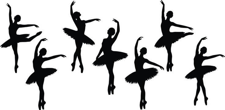 Seven black silhouettes of ballerinas in various ballet poses dancer dance