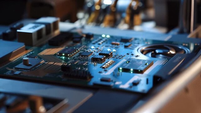 Intricate Close-Up of a Circuit Board with Glowing Components and Fine Details Highlighting Modern Electronic Innovation in Technology