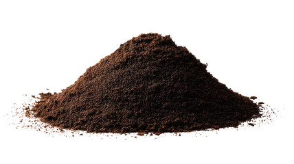 Small mound of ground coffee resting on surface showing rich aroma and dark roasted texture on white background