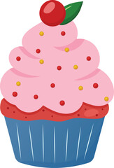 Sweet pink cupcake illustration with a vibrant red cherry and colorful sprinkles, perfect for dessert concepts or bakery advertisements