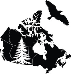 Stylized Canada Map with Pine Forest and Flying Eagle Silhouette

