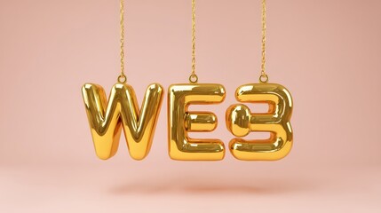 A stylish 3D representation of the text "WE3" in shiny gold, suspended against a soft pink background, highlighting modern design and technology themes.