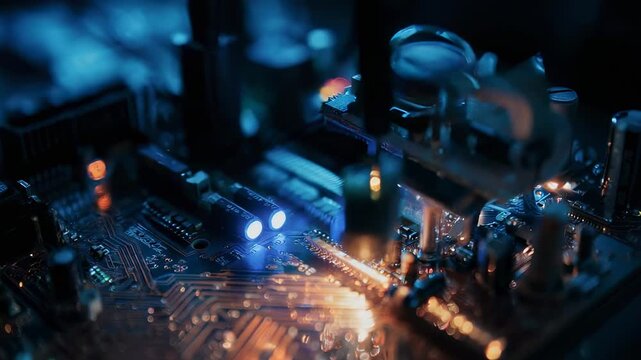 A Stunning Close-Up of an Illuminated Circuit Board Showcasing Intricate Components and Vibrant Colors in a High-Tech Electronic Environment