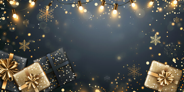 Christmas banner with sparkling garland lights and realistic gift boxes