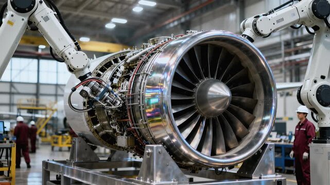 Jet turbine in factory. Close-up of jet engine under maintenance inside industrial facility. Aircraft turbine under repair. Aviation technology, engineering, aerospace innovation and machinery concept