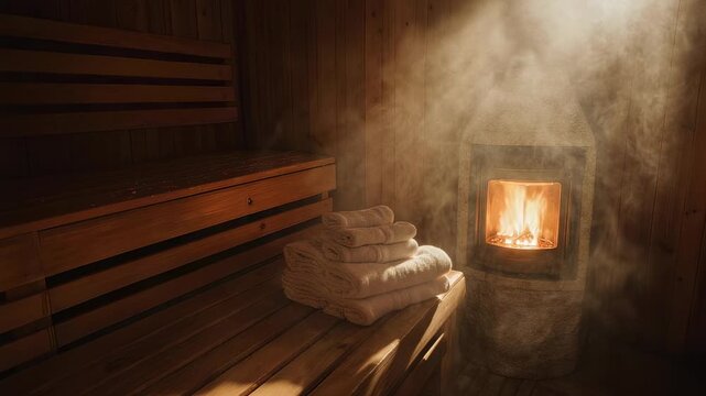 Relaxing Atmosphere of a Traditional Sauna with Warmth from a Wood-Burning Stove, Soft Towels Stacked Neatly on a Wooden Bench, and Steam Enhancing Serenity