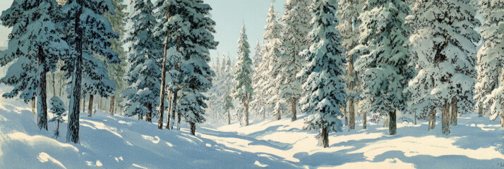 A beautiful snowy path is seen in a retro forest setting. Tall, bare trees surround the scene, and soft snow blankets the ground, evoking a peaceful Christmas atmosphere, banner