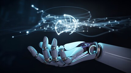 A robotic hand interacting with a glowing digital network, symbolizing the future of technology and innovation.