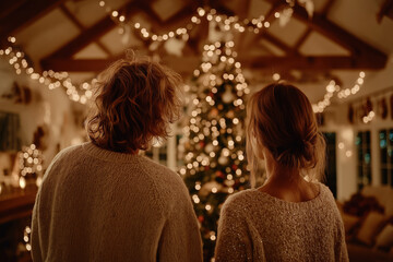 Famille décorant le sapin de Noël dans un salon chaleureux, ambiance festive et lumineuse avant les fêtes de fin d’année
