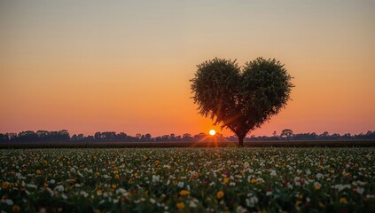 Sunset over a field with heart shaped tree and flowers