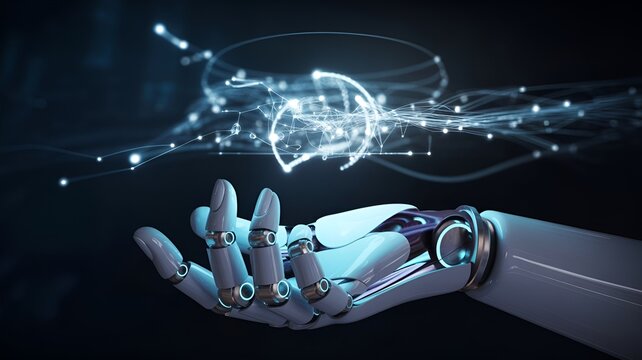 A robotic hand interacting with a glowing digital network, symbolizing the future of technology and innovation.