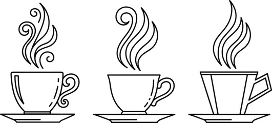 Elegant Vector Set of Three Outline Icons Showing Steaming Hot Coffee Cups with Saucers, Featuring Different Cup Shapes and Swirling Steam Lines