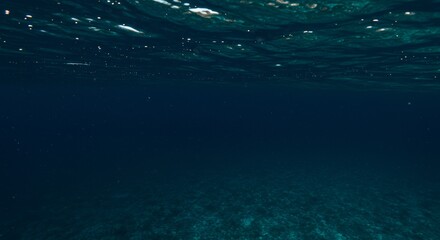 Sunlight pierces through the water surface creating rippling caustics above a sandy ocean floor in a tranquil underwater scene. This looping animation serves as a serene background for marine or relax