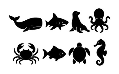 Fototapeta premium Silhouette ocean animals set: whale, shark, octopus, and more