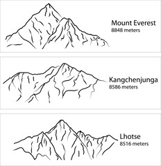 Minimal Line Art of the World’s 1st, 3rd, and 4th Highest Mountains - Everest, Kangchenjunga, Lhotse Vector Illustration