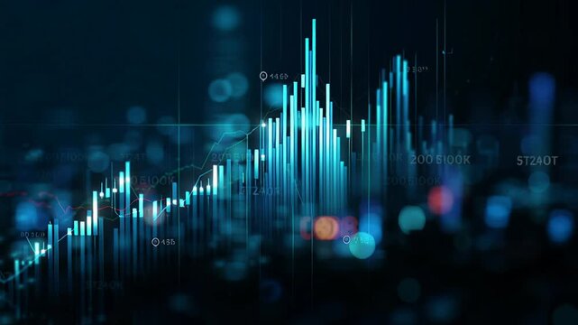 Vivid realtime financial data representation, Hightech city setting showcasing rapid market changes through luminous data displays with animated - Powered by Adobe