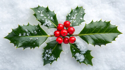 Close up of a festive holly sprig with bright red berries and green leaves dusted with snow