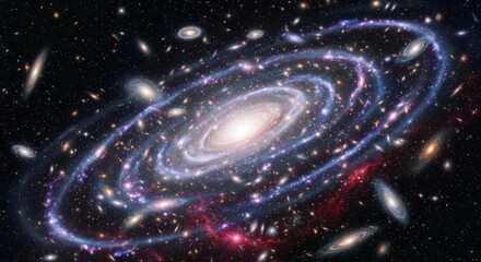 A luminous spiral galaxy with swirling arms sits at the center of a vast cluster of diverse galaxies against the infinite blackness of space. This detailed astronomical visualization loops subtly for 