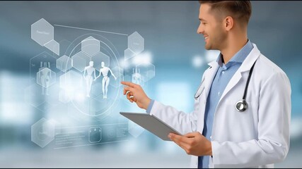 Medical professional in white coat engages with tablet, showcasing digital health interface, camera pans to reveal evolving data visualization and interaction - Powered by Adobe