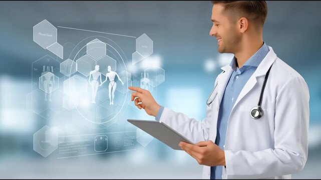 Medical professional in white coat engages with tablet, showcasing digital health interface, camera pans to reveal evolving data visualization and interaction