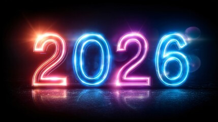 2026 neon glowing text on dark background, colorful light new year celebration design