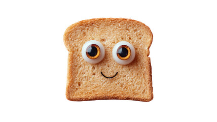 Slice of toast with googly eyes and smile creating cute funny breakfast character on white background