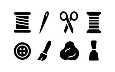 Obraz premium Sewing craft icons set: needle, thread, scissors, and tools in bold silhouette design